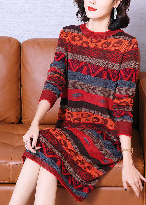 Style Red O-Neck Striped Thick Long Knit Dress Long Sleeve