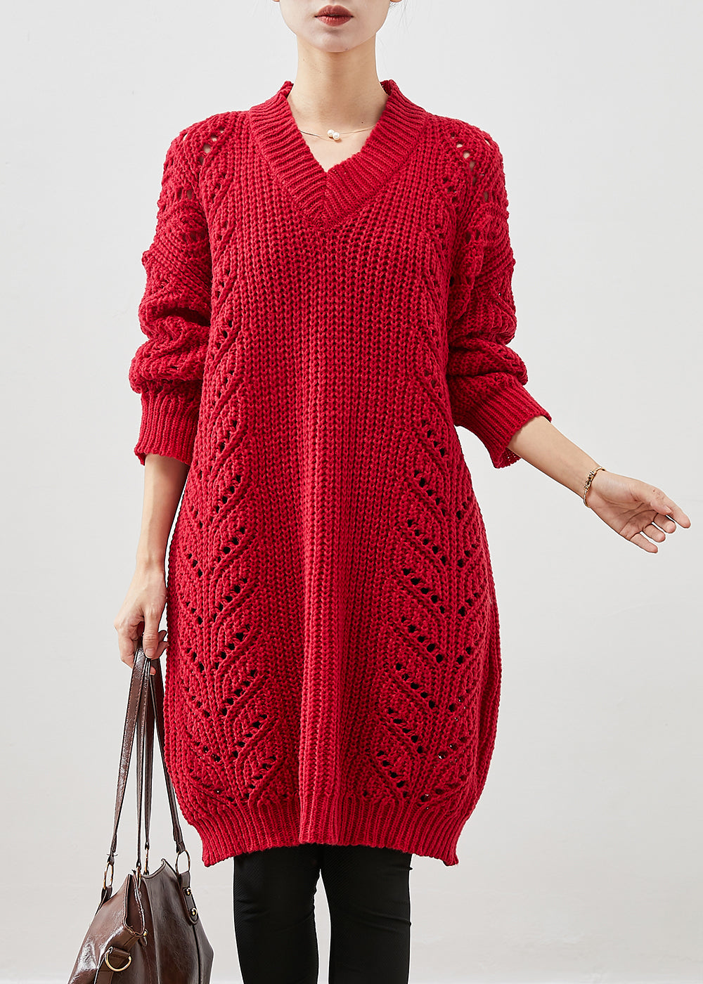 Style Red Oversized Hollow Out Knit Sweater Dress Winter