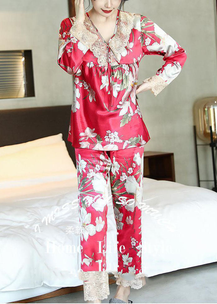 Style Red Oversized Patchwork Lace Ice Silk Pajamas Two Pieces Set Spring