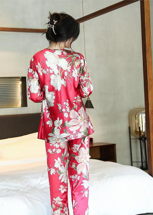 Style Red Oversized Patchwork Lace Ice Silk Pajamas Two Pieces Set Spring