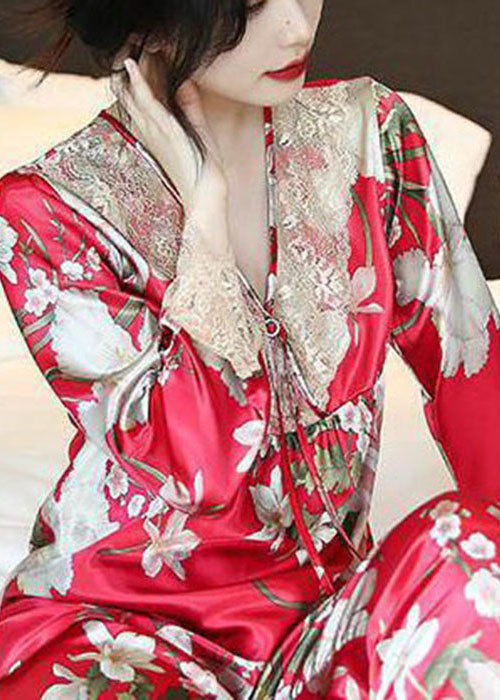 Style Red Oversized Patchwork Lace Ice Silk Pajamas Two Pieces Set Spring