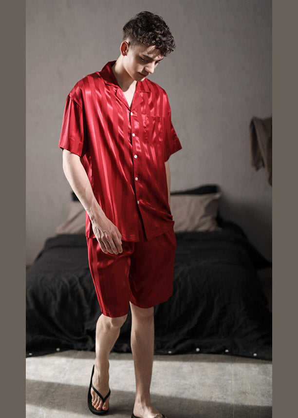 Style Red Peter Pan Collar Striped Ice Silk Couple Pajamas Two Piece Set Summer