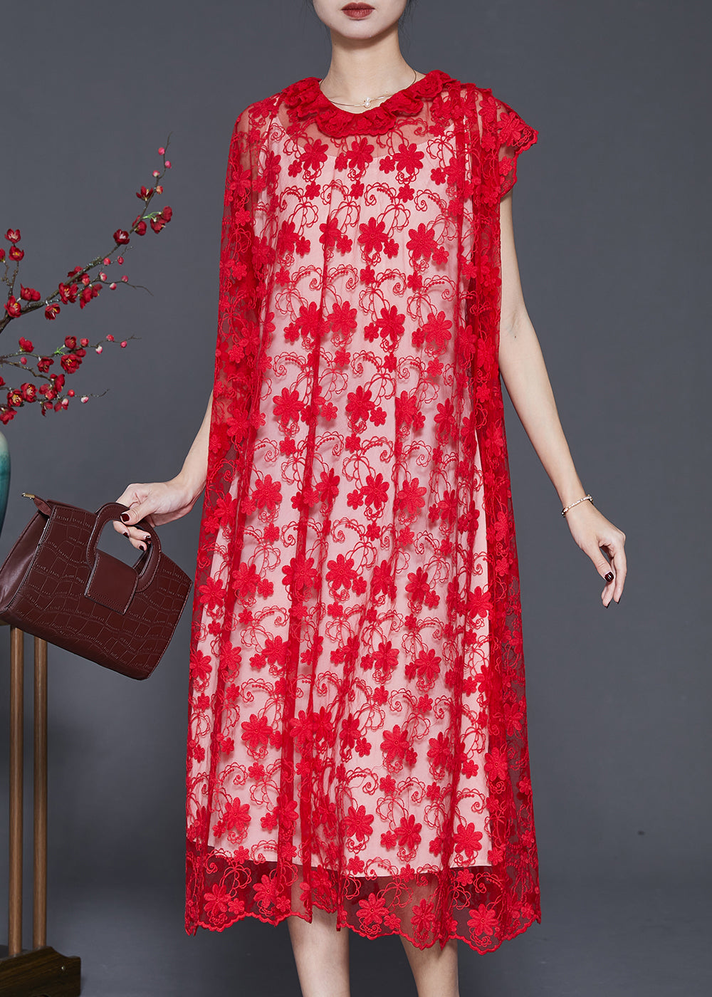 Style Red Ruffled Embroidered Hollow Out Tulle Dress Summer