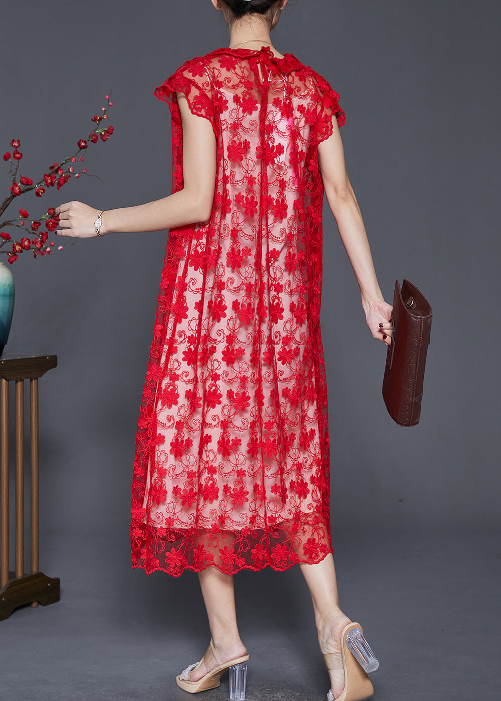 Style Red Ruffled Embroidered Hollow Out Tulle Dress Summer