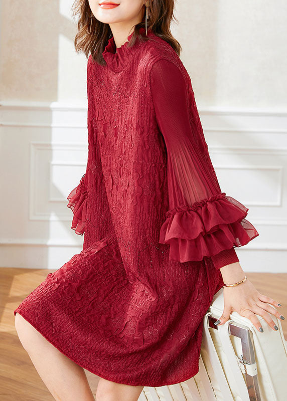 Style Red Ruffled Embroideried Patchwork Cotton Dresses Spring
