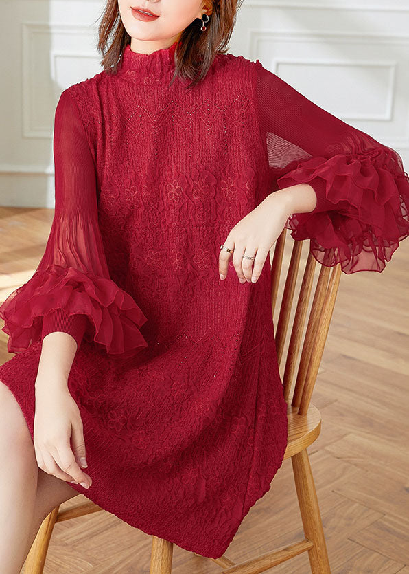 Style Red Ruffled Embroideried Patchwork Cotton Dresses Spring