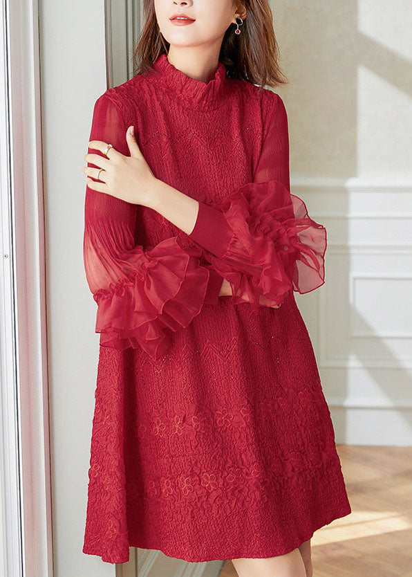 Style Red Ruffled Embroideried Patchwork Cotton Dresses Spring