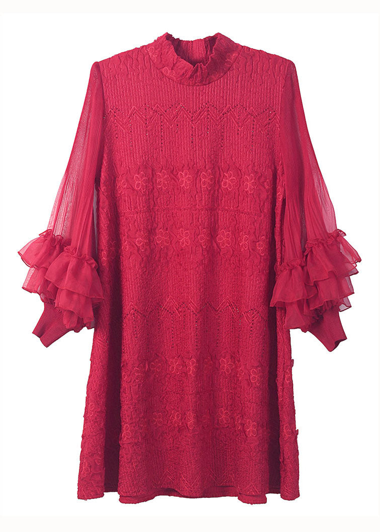 Style Red Ruffled Embroideried Patchwork Cotton Dresses Spring