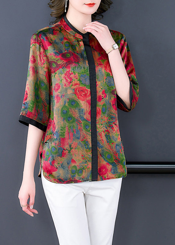 Style Red Stand Collar Patchwork Floral Print Silk Blouses Half Sleeve