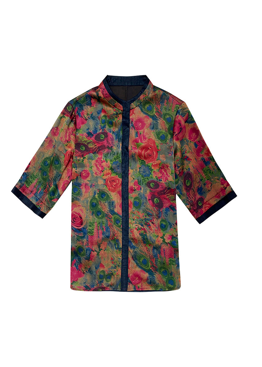 Style Red Stand Collar Patchwork Floral Print Silk Blouses Half Sleeve