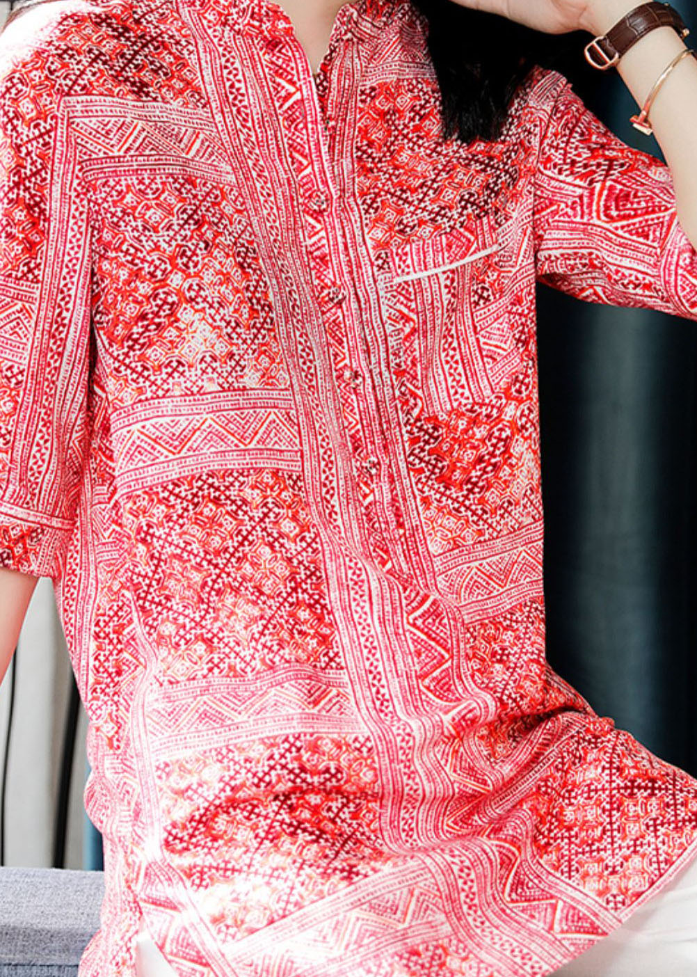Style Red Stand Collar Print Side Open Silk Shirts Summer