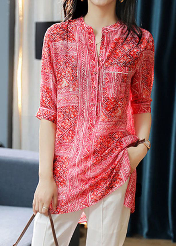 Style Red Stand Collar Print Side Open Silk Shirts Summer