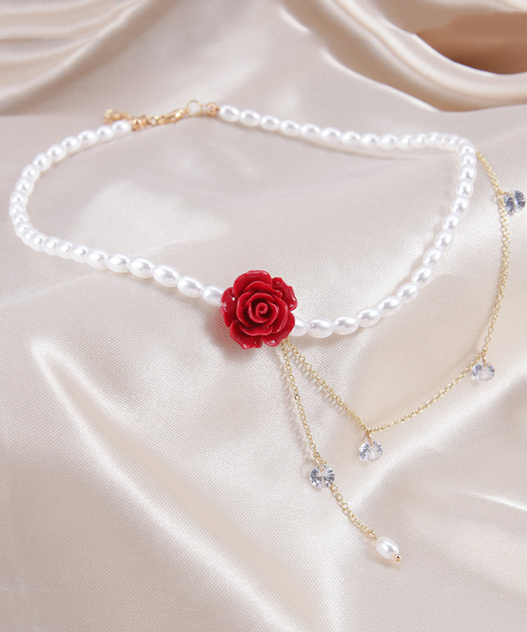 Style Red Sterling Silver Overgild Pearl Rose Pendant Necklace