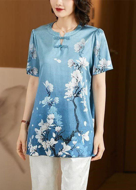 Style Sky Blue O-Neck Oriental Button Floral Print Silk Tank Top Short Sleeve