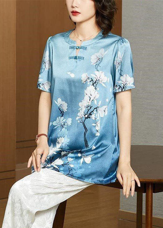 Style Sky Blue O-Neck Oriental Button Floral Print Silk Tank Top Short Sleeve