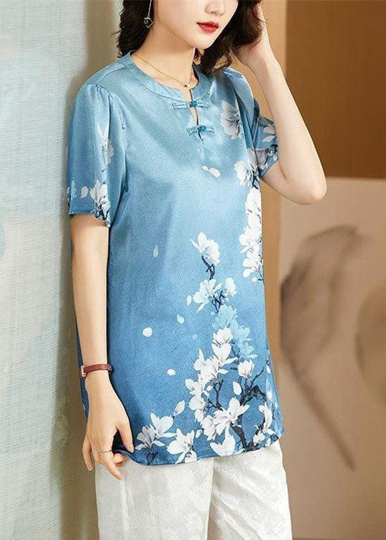 Style Sky Blue O-Neck Oriental Button Floral Print Silk Tank Top Short Sleeve