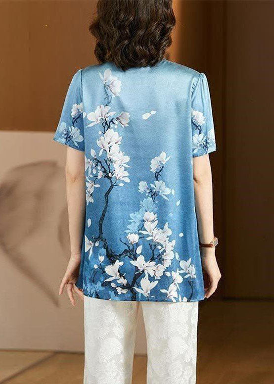 Style Sky Blue O-Neck Oriental Button Floral Print Silk Tank Top Short Sleeve