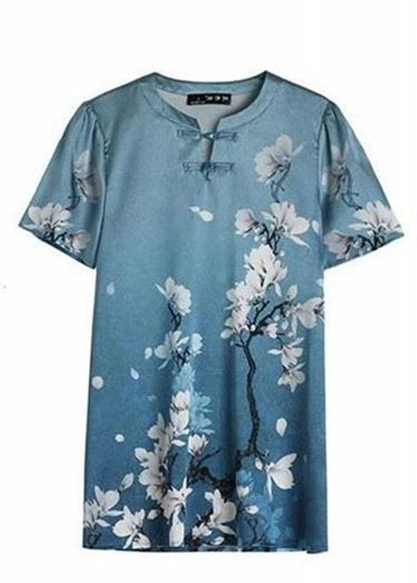 Style Sky Blue O-Neck Oriental Button Floral Print Silk Tank Top Short Sleeve