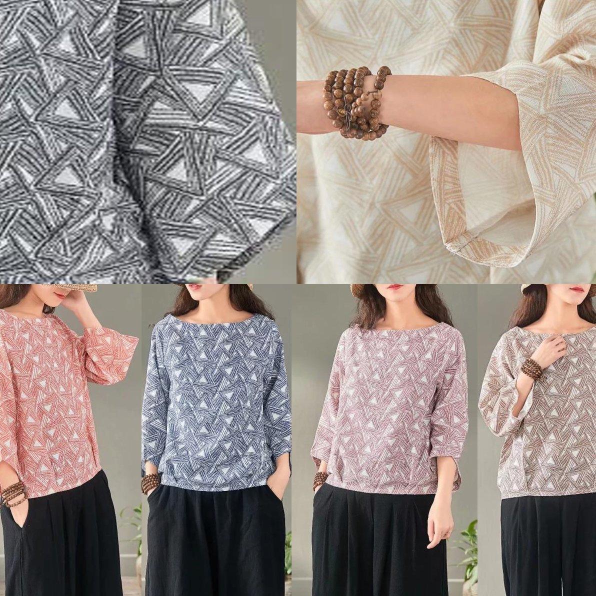 Style Slash neck cotton linen tunic top khaki Knee shirt prints - Omychic