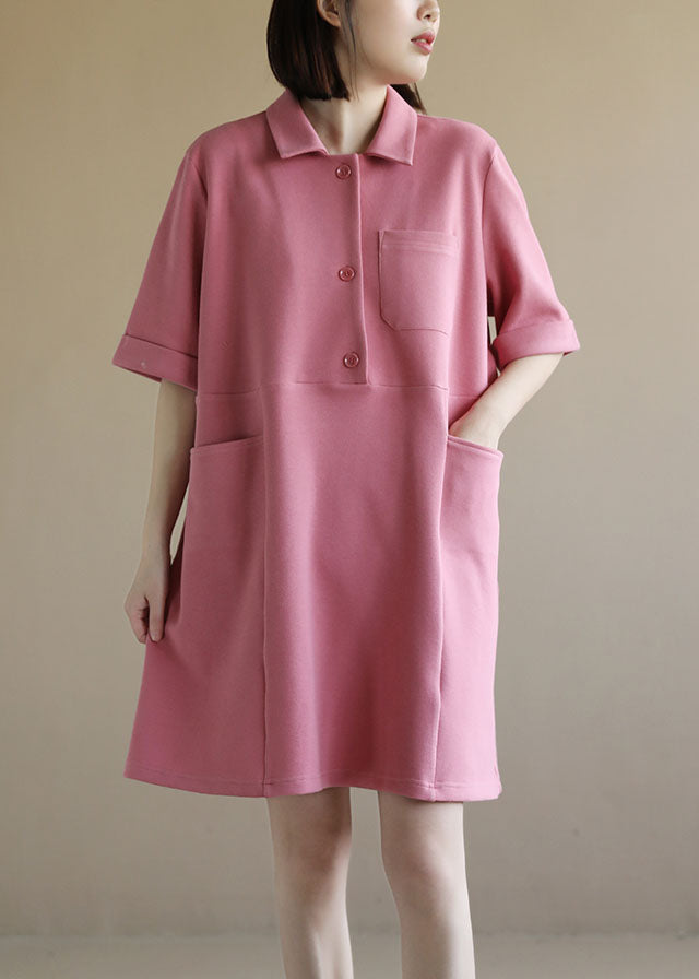 Style Solid Pink Peter Pan Collar Big Pockets Cotton Loose Dress Short Sleeve