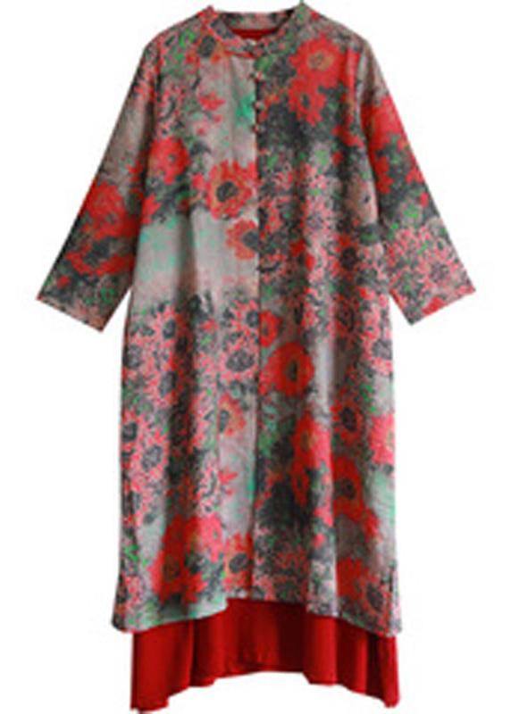 Style Stand Collar Pockets Spring Wardrobes Neckline Print Long Dress - Omychic