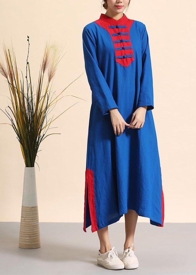 Style Stand Collar Side Open Spring Tunics For Women Fashion Ideas Blue Patchwork Red Robe Dress - Omychic
