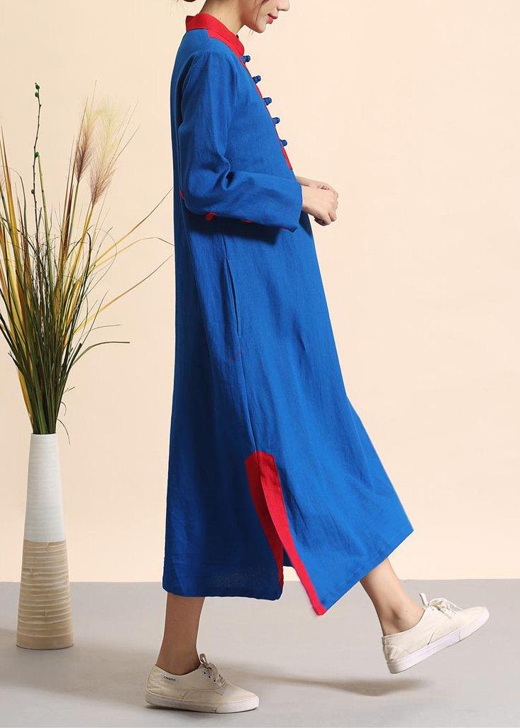 Style Stand Collar Side Open Spring Tunics For Women Fashion Ideas Blue Patchwork Red Robe Dress - Omychic