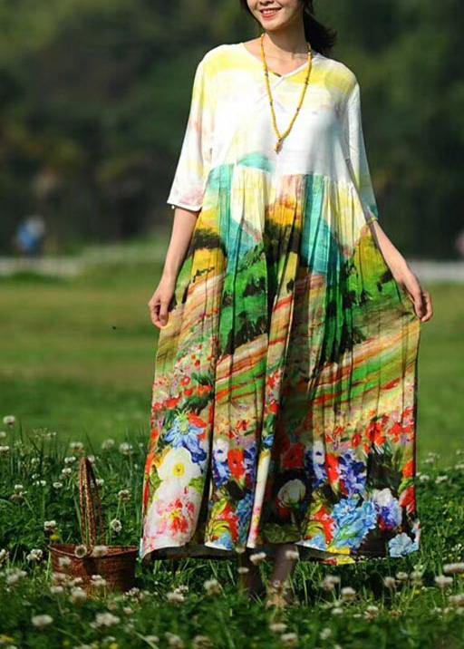 Style V Neck Cinched Summer Tunics For Women Photography Print Kaftan Dresses - Omychic