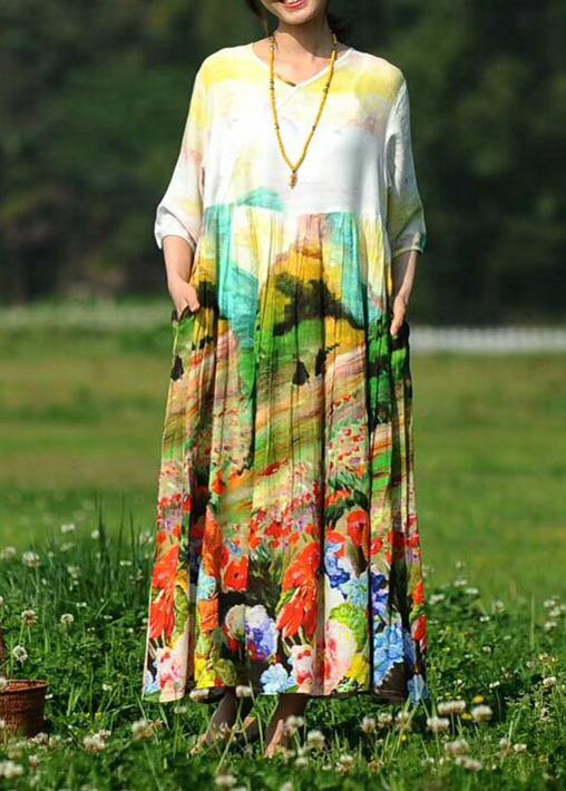 Style V Neck Cinched Summer Tunics For Women Photography Print Kaftan Dresses - Omychic