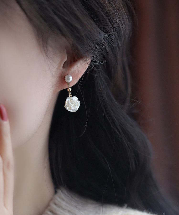 Style White Alloy Pearl Floral Drop Earrings