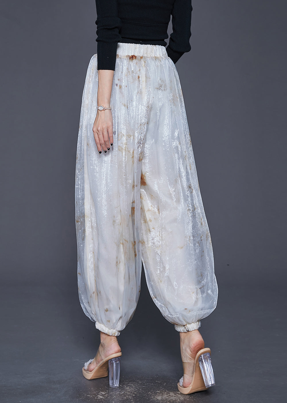 Style White Elastic Waist Tie Dye Silk Harem Pants Fall