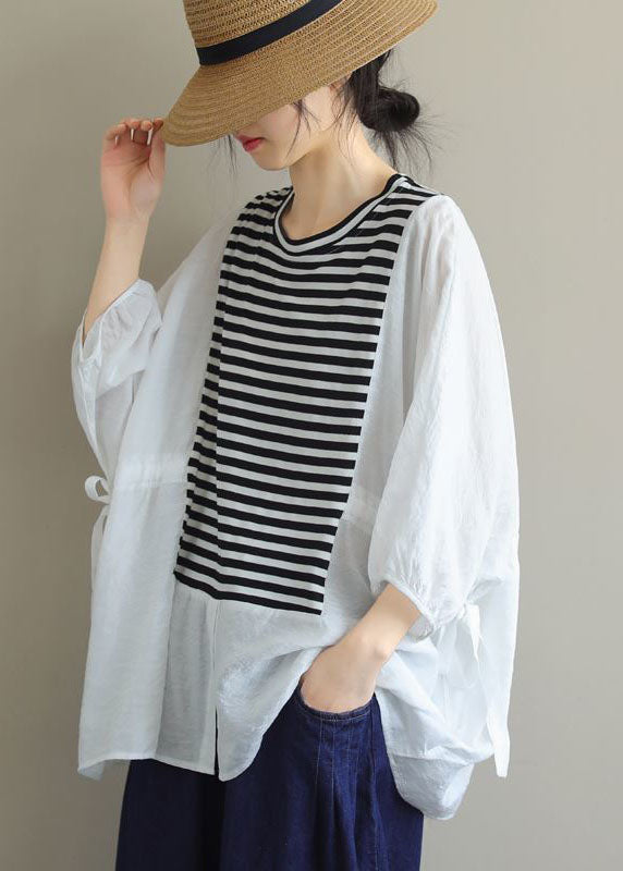 Style White Oversized Patchwork Striped Cotton Shirt Top Batwing Sleeve