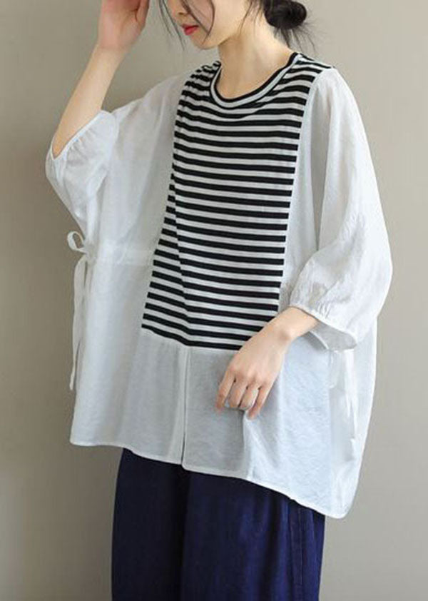 Style White Oversized Patchwork Striped Cotton Shirt Top Batwing Sleeve