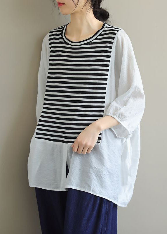 Style White Oversized Patchwork Striped Cotton Shirt Top Batwing Sleeve