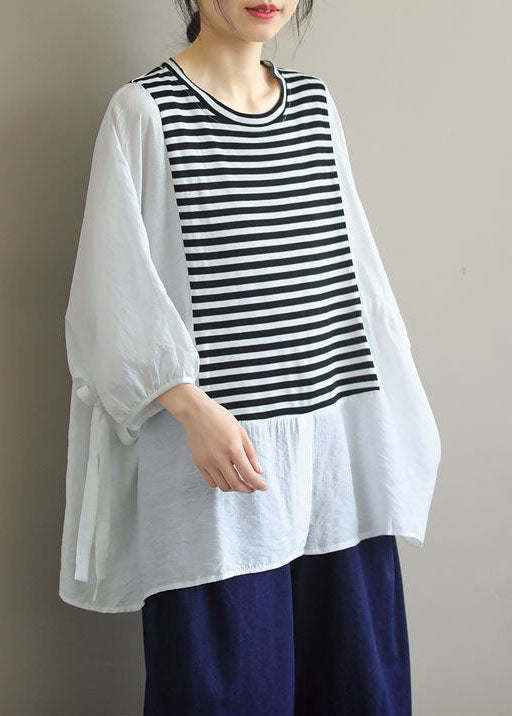 Style White Oversized Patchwork Striped Cotton Shirt Top Batwing Sleeve
