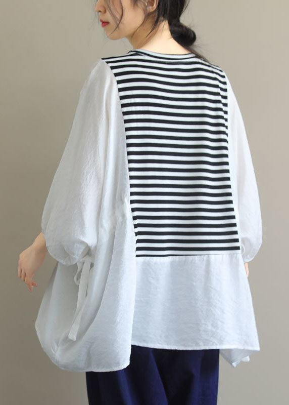 Style White Oversized Patchwork Striped Cotton Shirt Top Batwing Sleeve