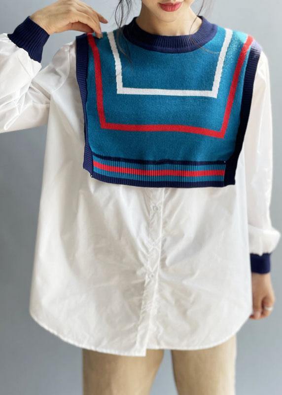 Style White Patchwork Knit Button Fall Tops Long sleeve - Omychic