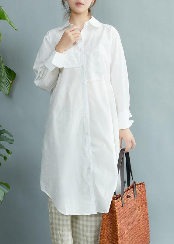 Style White PeterPan Collar Pockets Button Fall Asymmetrical Design Shirt Tops Long Sleeve - Omychic