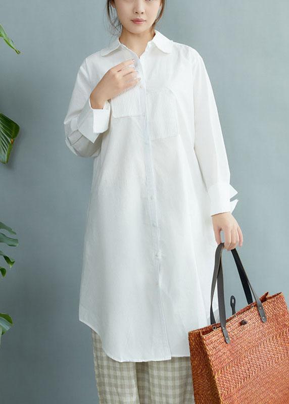 Style White PeterPan Collar Pockets Button Fall Asymmetrical Design Shirt Tops Long Sleeve - Omychic