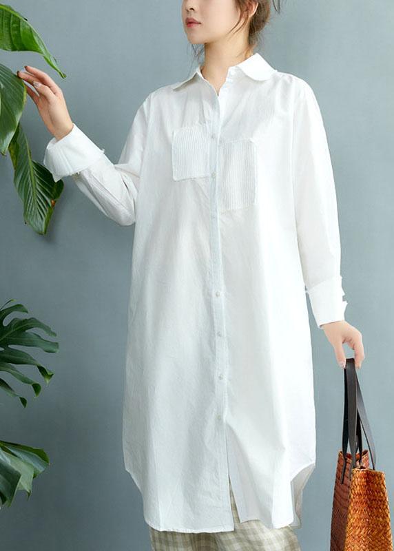 Style White PeterPan Collar Pockets Button Fall Asymmetrical Design Shirt Tops Long Sleeve - Omychic