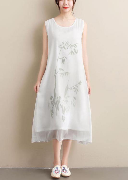 Style White Print Dresses O Neck Sleeveless Robe Summer Dress - Omychic