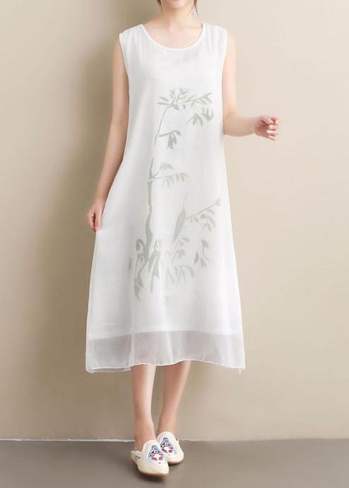 Style White Print Dresses O Neck Sleeveless Robe Summer Dress - Omychic