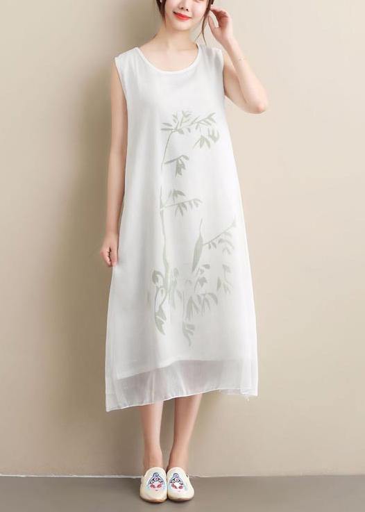 Style White Print Dresses O Neck Sleeveless Robe Summer Dress - Omychic