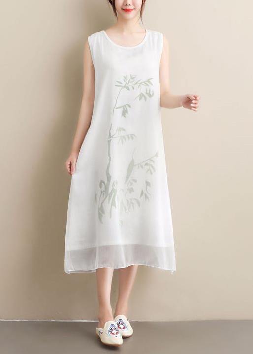 Style White Print Dresses O Neck Sleeveless Robe Summer Dress - Omychic