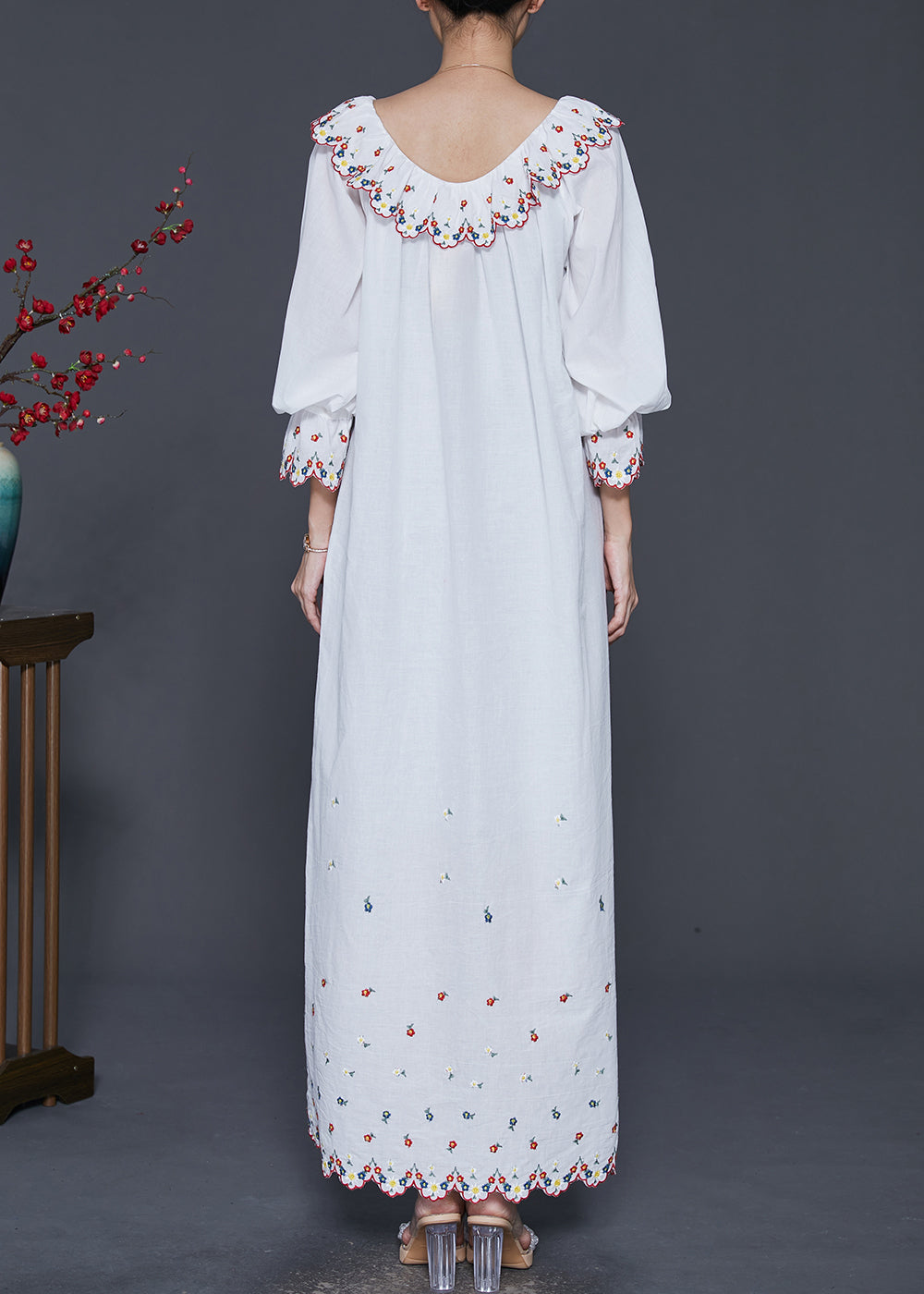 Style White Ruffled Embroidered Cotton Long Dress Spring