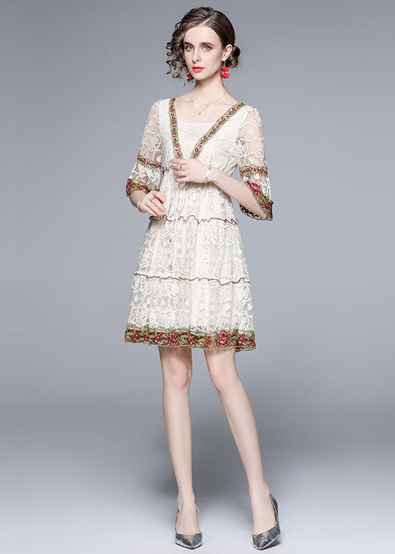 Style White Ruffled Embroideried Patchwork Lace Mid Dress Summer