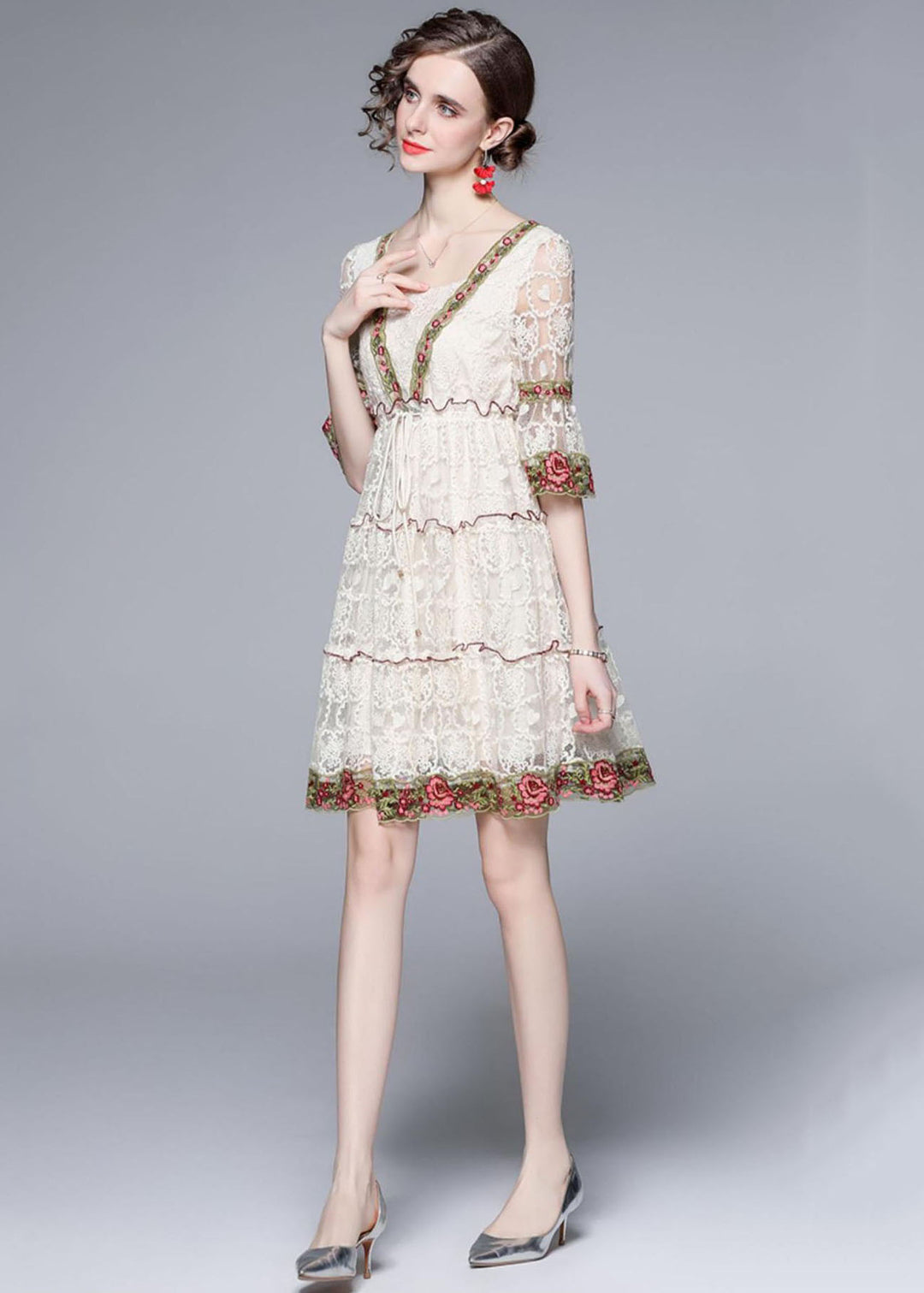 Style White Ruffled Embroideried Patchwork Lace Mid Dress Summer