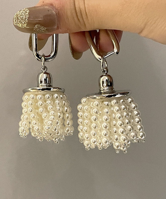 Style White Sterling Silver Alloy Pearl Tassel Drop Earrings