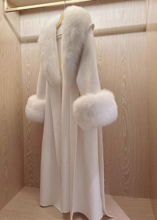 Style White Tie Waist Fur Collar Patchwork Woolen Coats Winter