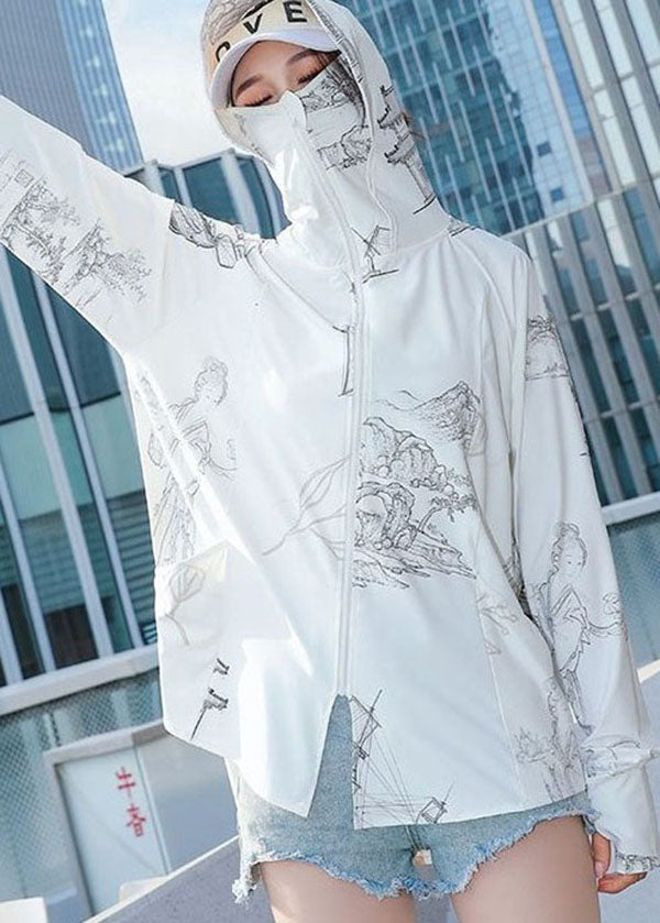 Style White Zip Up Pockets Print Patchwork Ice Silk UPF 50+ Coat Summer
